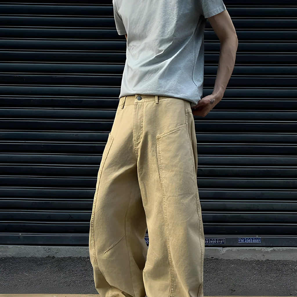 Men's khaki cotton straight leg trousers with American retro styling