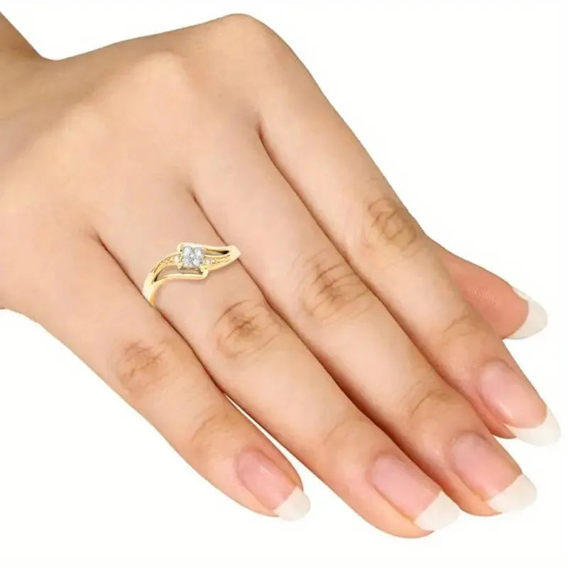 Copper diamond ring with geometric ornament and micro inlaid zircon in yellow gold colour