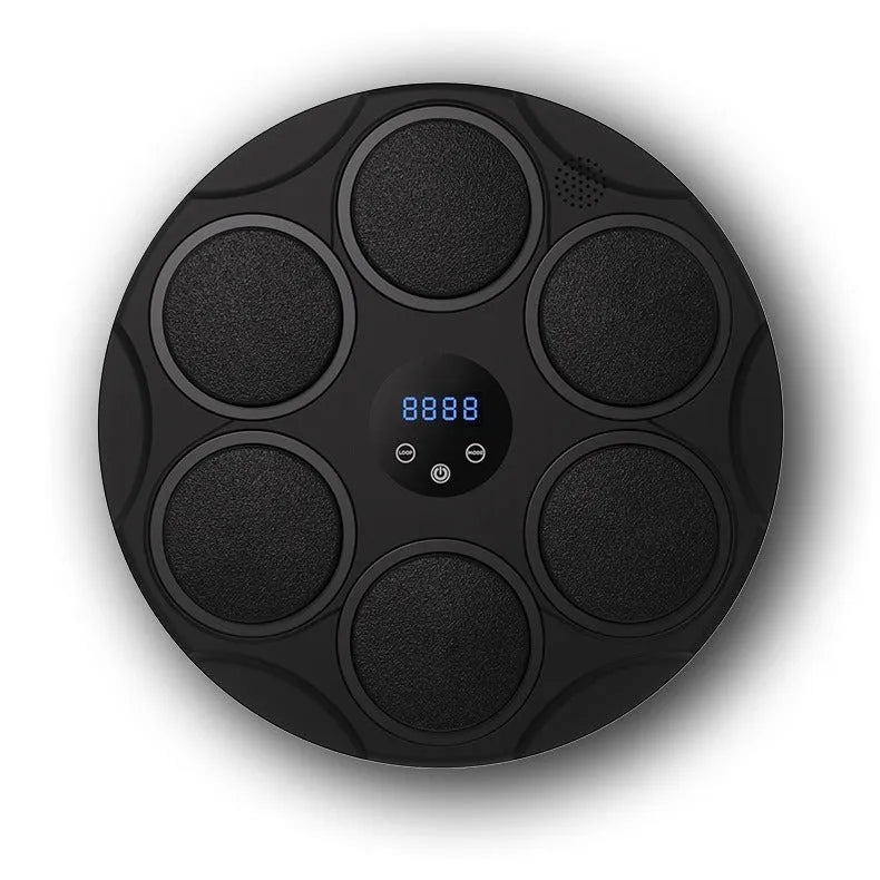 Black smart Bluetooth boxing hanging target with coloured lights, wall mount set and cable.