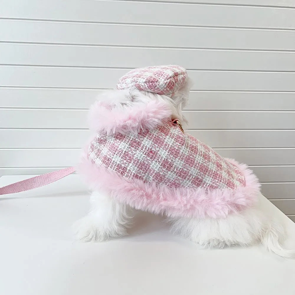 Pink cat costume set with beret and cloak for female cats