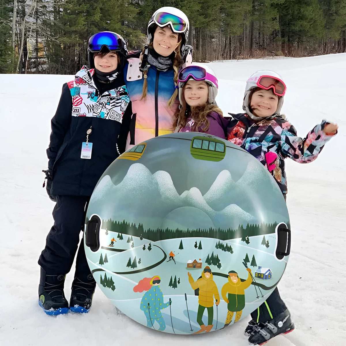 Thick PVC ski ring toy in snow mountain, ice blue, or flame red print for winter decoration.