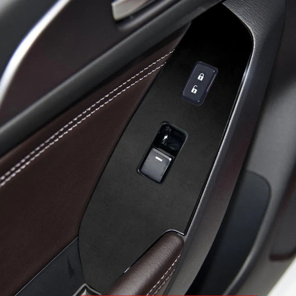 Four TPU protective films for car door control panels in transparent, carbon fibre black and matte black finishes