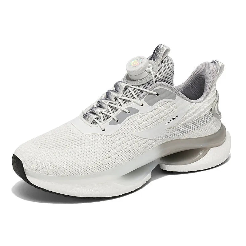 Korean style low-top sports shoes with rotating button buckle on Fly-kit mesh upper
