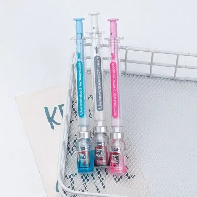 Vaccine design novelty gel pen with black ink 0.5mm tip on white background.