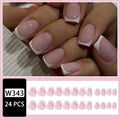 24 white square fake nails with a black and white plaid pattern design laid out on a surface.