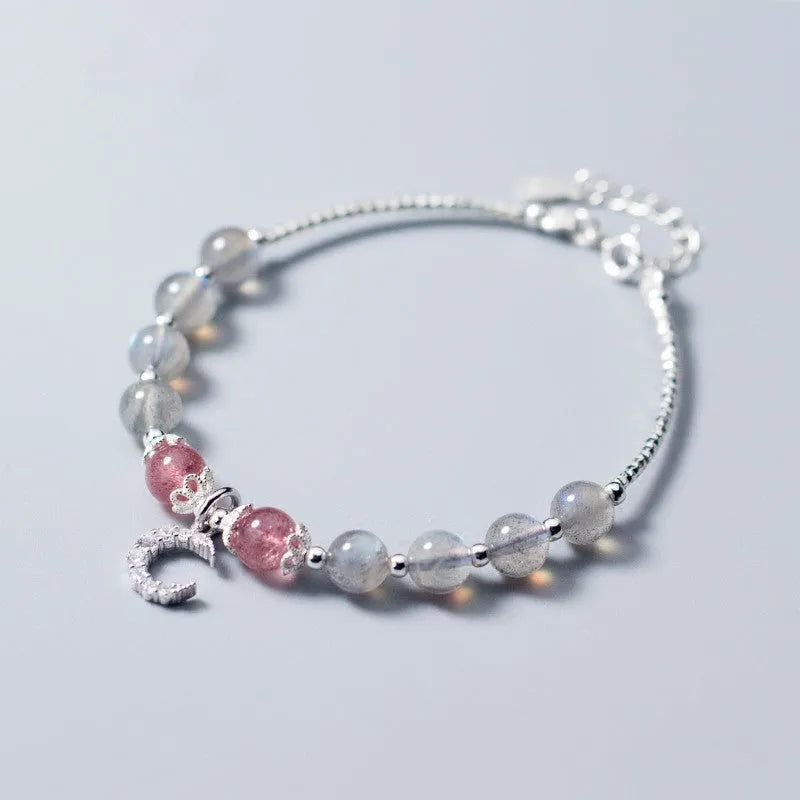 Natural moonstone handmade bracelet with adjustable clasp and crescent moon charm