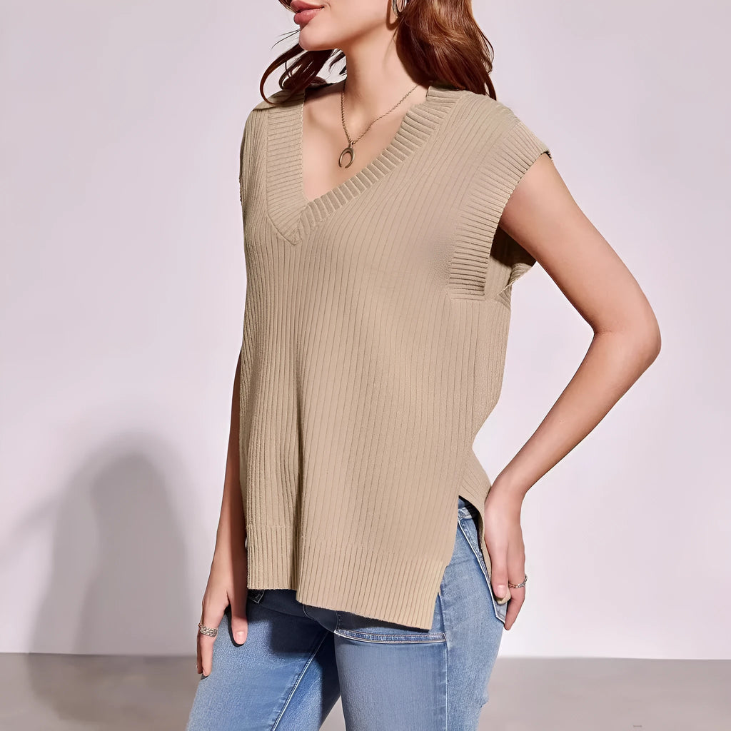 Women's V-neck sleeveless vest in striped viscose fabric with loose fit