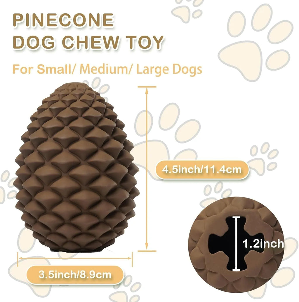 Yellow natural rubber pine cone-shaped dog toy with treat dispenser hole for medium and large dogs.
