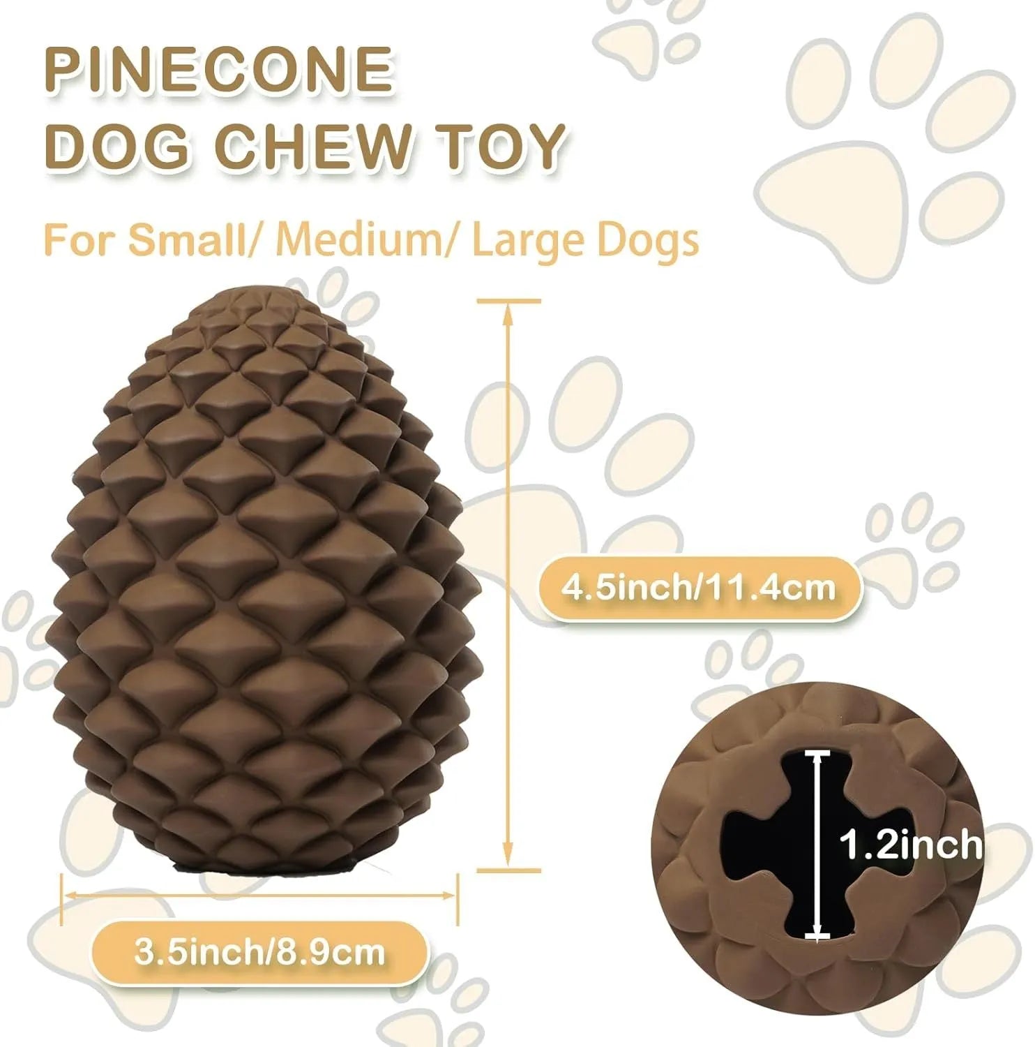 Yellow natural rubber pine cone-shaped dog toy with treat dispenser hole for medium and large dogs.