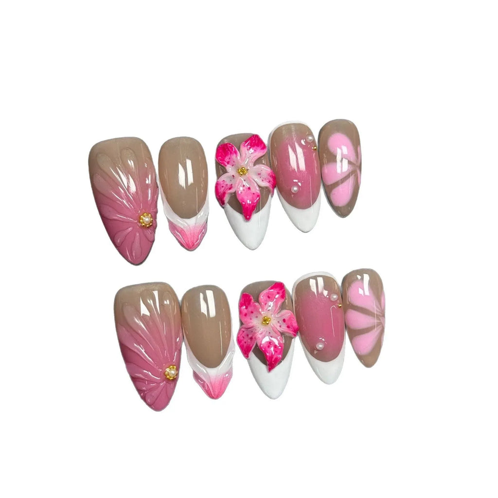 French style press-on artificial nails with 3D lily and ice flower design in almond shape.