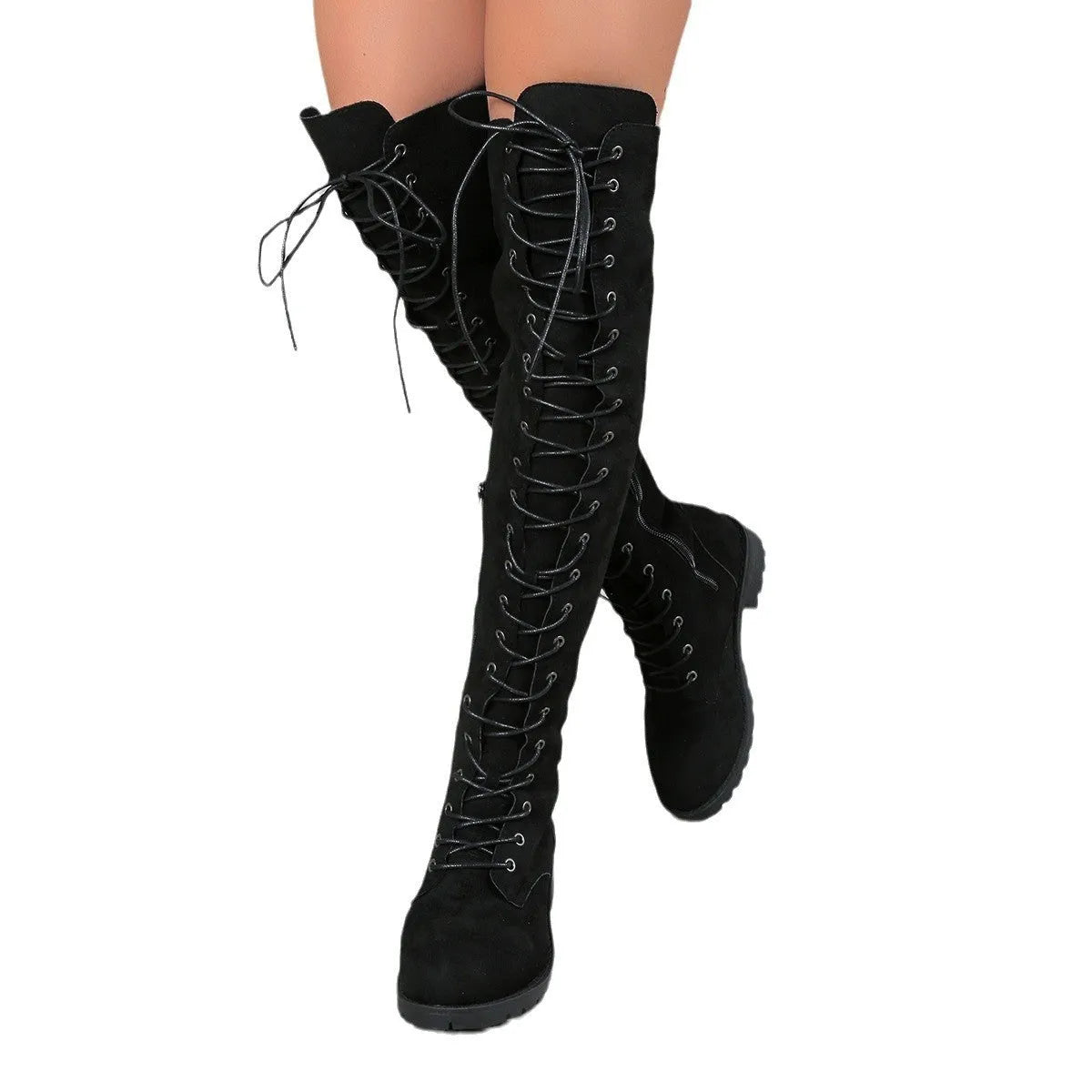 Black lace-up over-the-knee flat boots with round toe and detailed stitching on a white background.
