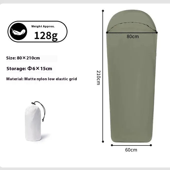 Blue or green nylon mummy camping sleeping bag showing 210 cm length and portable packed size