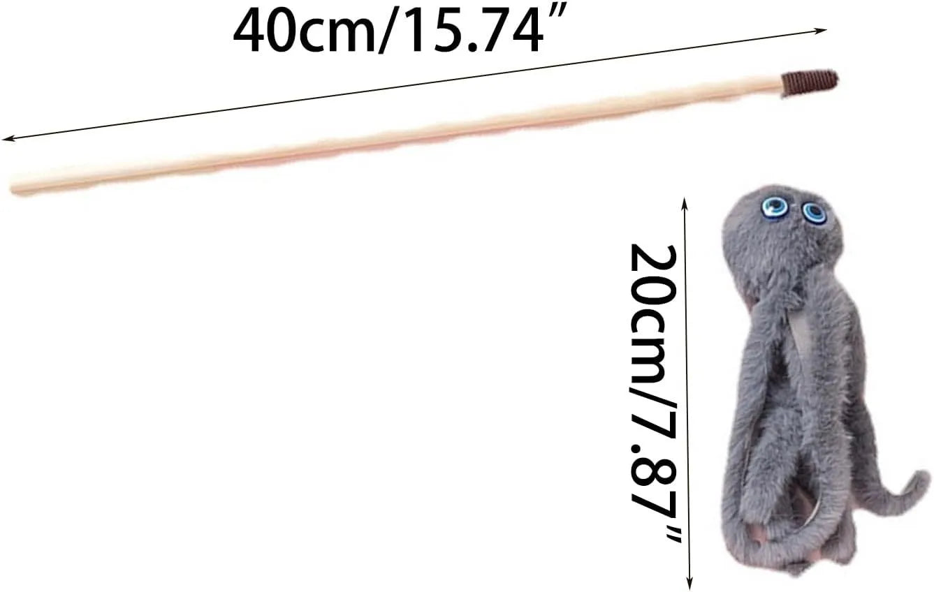 Furry octopus cat toy attached to long stick for interactive indoor play with kittens