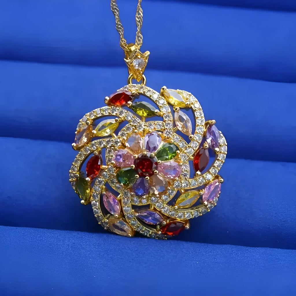 Spiral flower pendant necklace in real gold plated copper with micro inlaid zircon, Blue or Colour option
