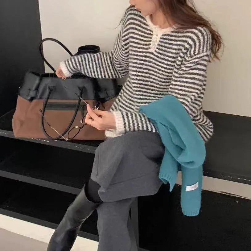 Red and blue striped cashmere pullover sweater for women with loose fit and long sleeves