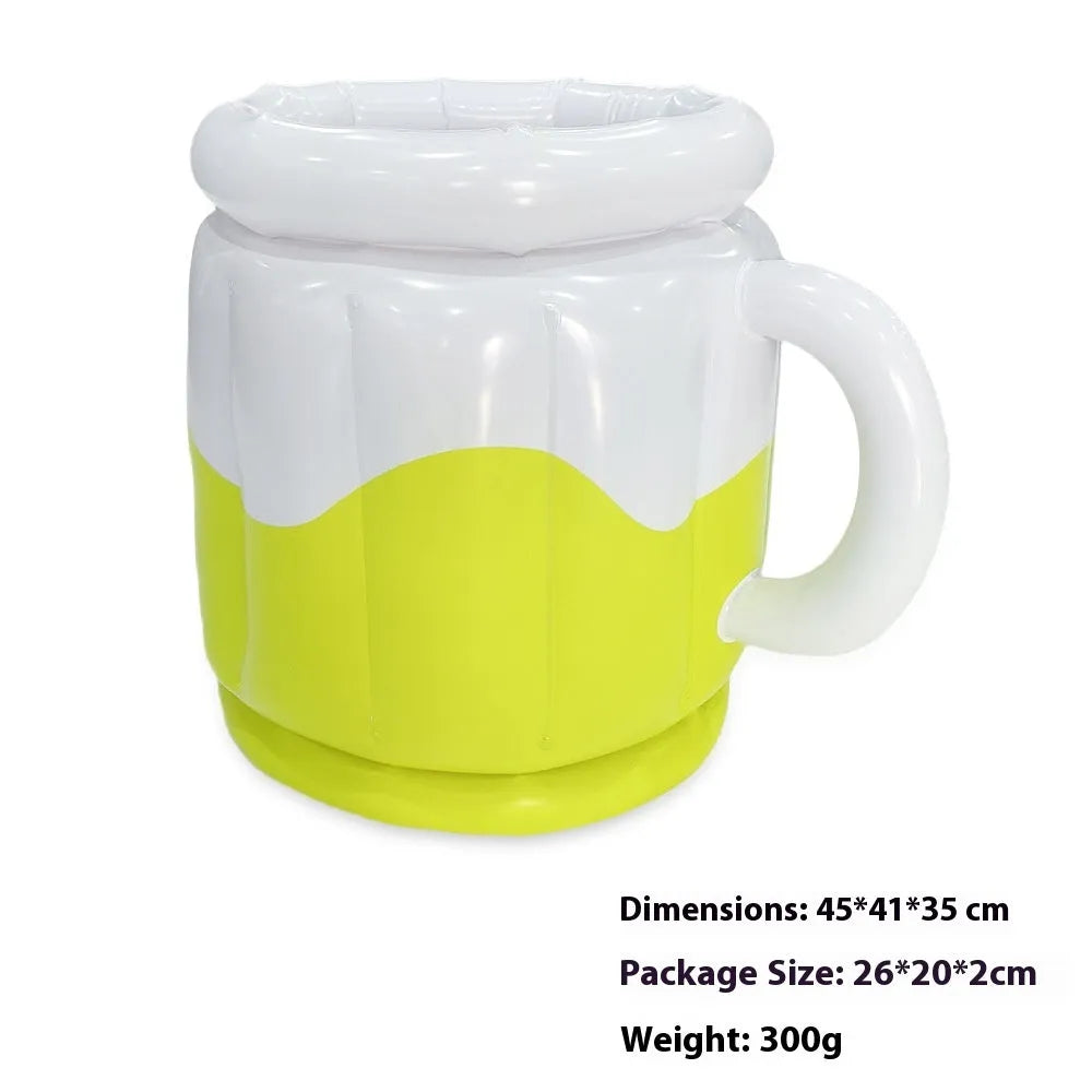 Yellow inflatable PVC ice bucket for beer steins and drink cans at an outdoor setting.