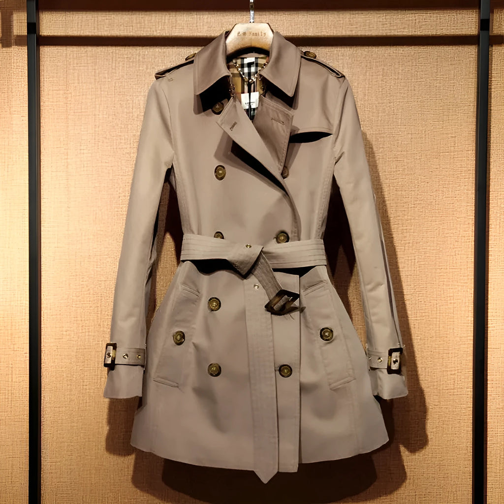 Khaki women's double-breasted trench coat with flight sleeves on a hanger.