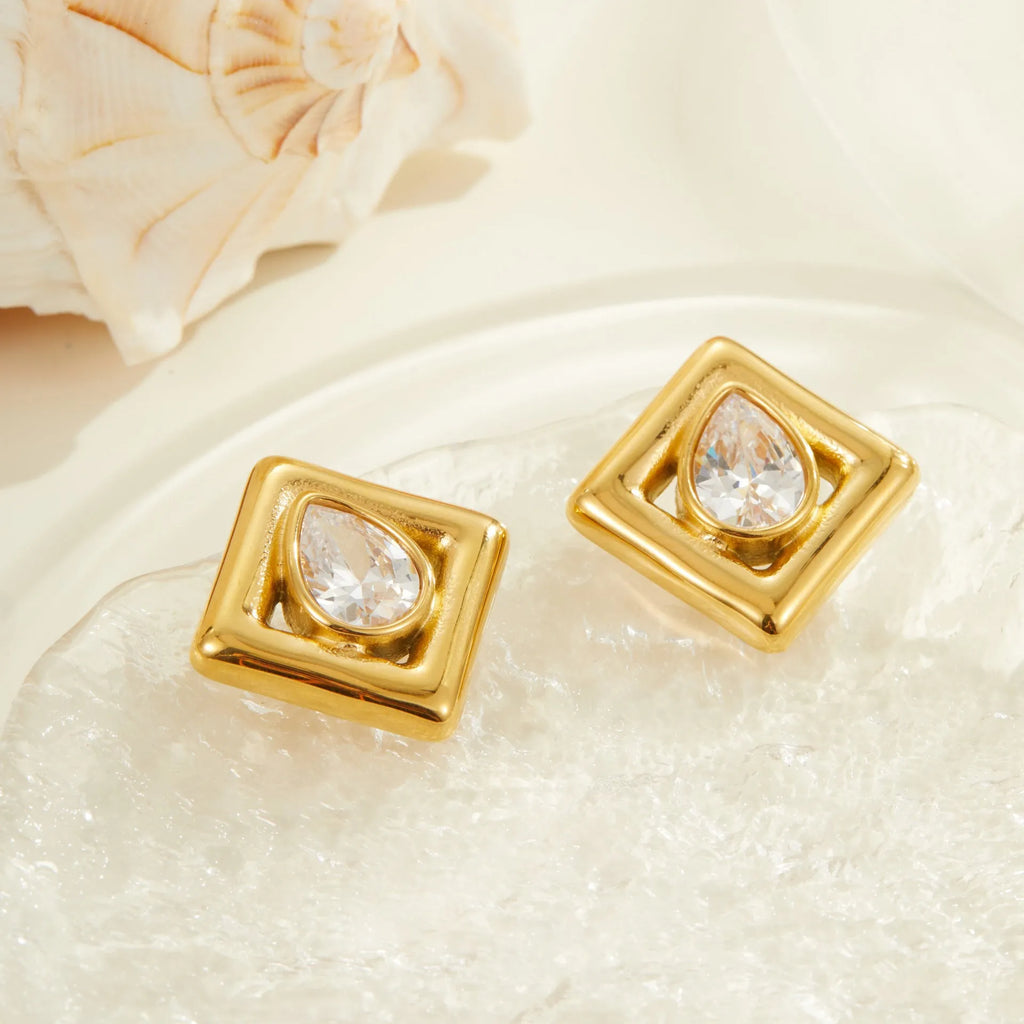Gold geometric water drop earrings with zircon stones on stainless steel with 18K electroplated finish