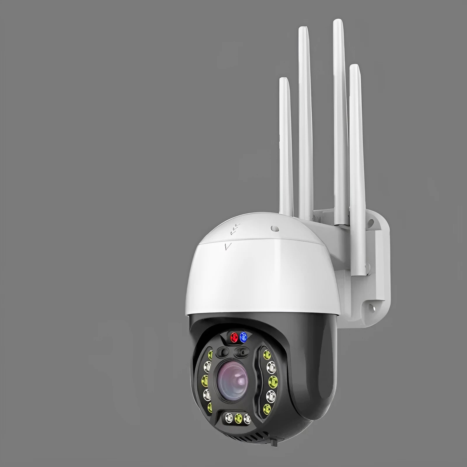 Outdoor dome surveillance camera with 360-degree rotation capability showing 5MP resolution and infrared night vision