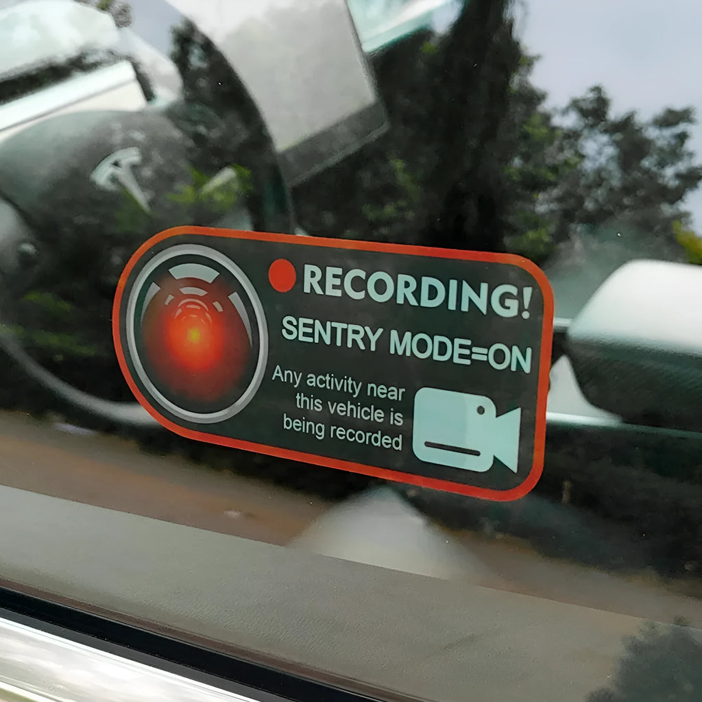 Tesla Sentry Mode electrostatic warning stickers measuring 11x5cm