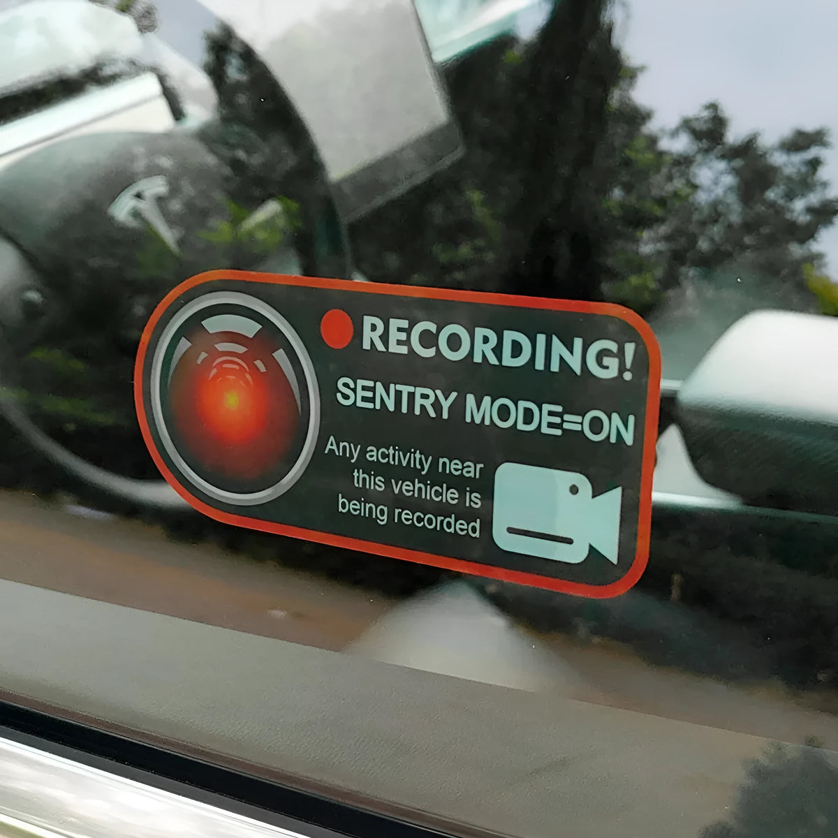 Tesla Sentry Mode electrostatic warning stickers measuring 11x5cm
