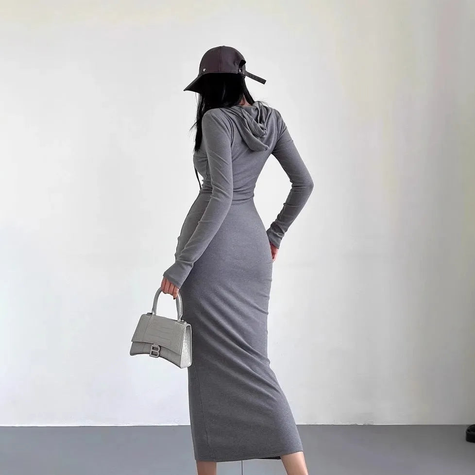 Women's grey hooded long sleeve sheath dress with high waist and over-the-knee length.