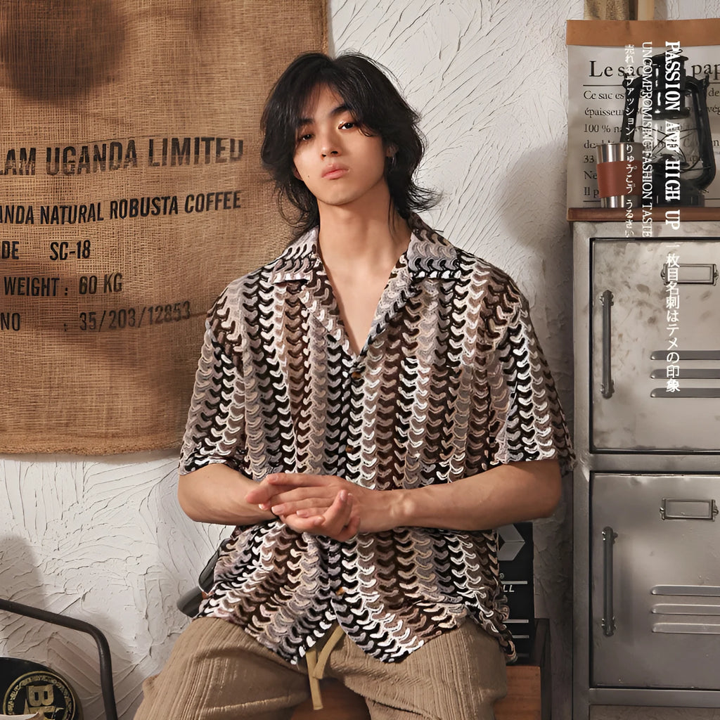 Japanese Cuban collar short sleeve shirt with grey jacquard pattern and fleece-lined slim fit