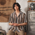 Japanese Cuban collar short sleeve shirt with grey jacquard pattern and fleece-lined slim fit
