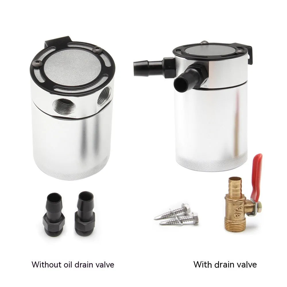 Aluminium automotive oil drain can with ventilation holes and optional drain valve in black or silver finish