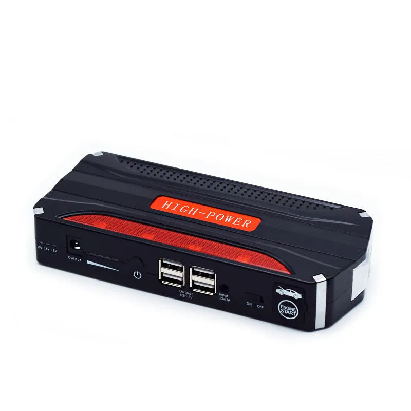 Black and red 12V vehicle emergency starting power supply with 7800mAh capacity for car jump starting