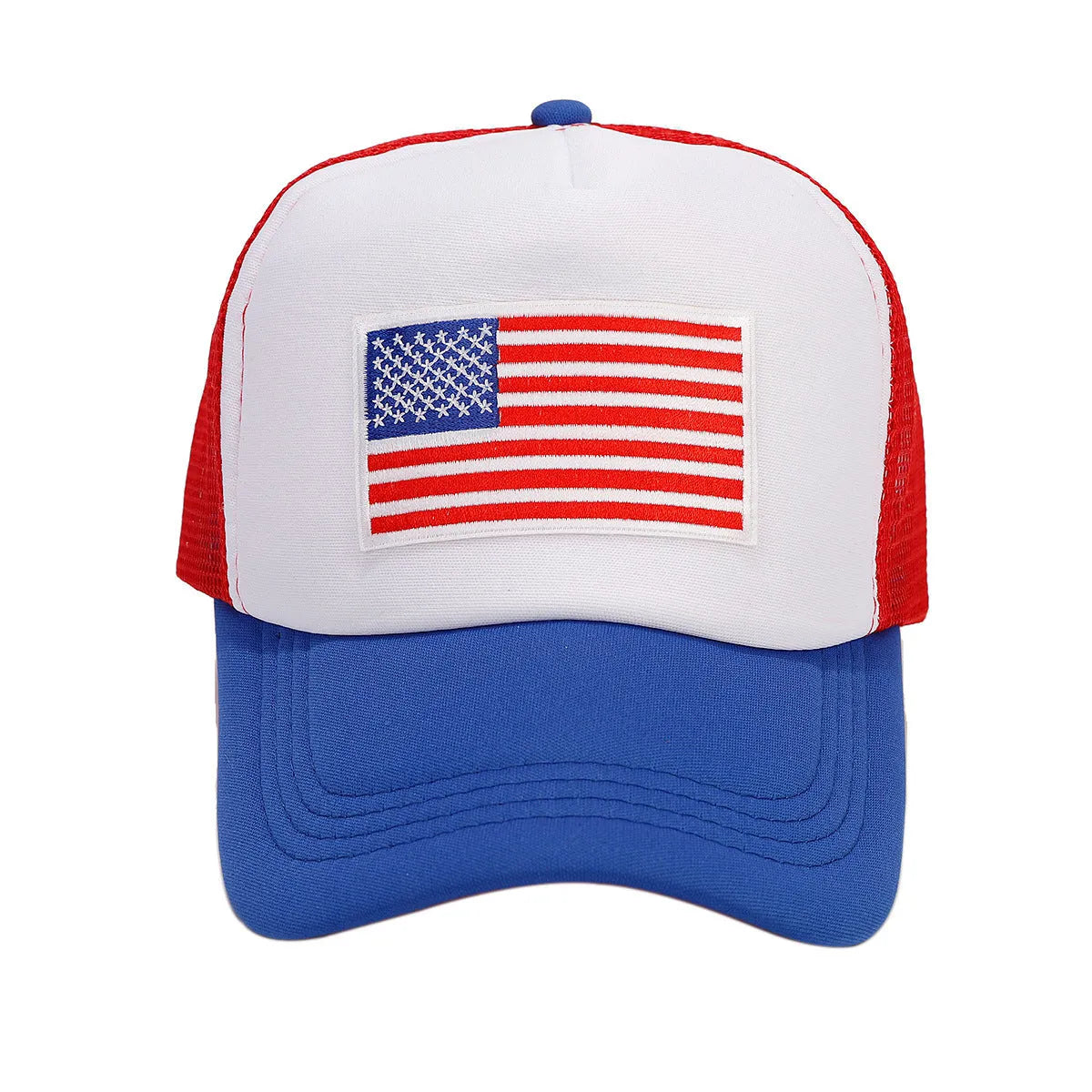 Red and blue colour contrast adjustable baseball cap with breathable mesh fabric