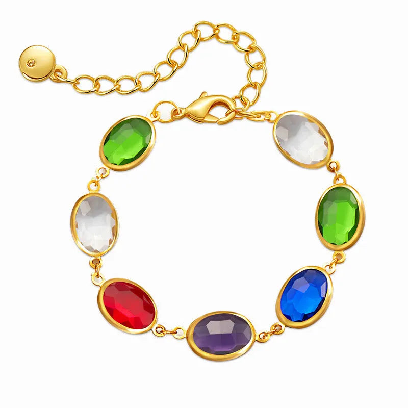 Geometric copper bracelet with glass inlay in blue, green, and multicolor options showing ellipse design elements