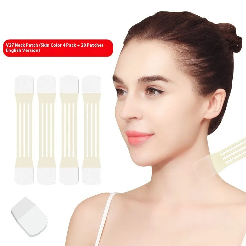 V27 skin tone neck firming tape strips and adhesive patches on packaging.