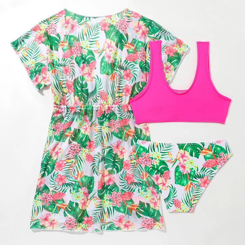 Girls' two-piece floral swimsuit in polyester for swimming, sizes 130-160cm