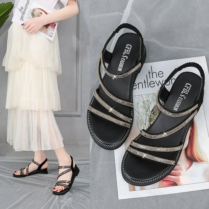 Women's gold and silver Korean-style flat sandals with sequins, elastic band, and rubber sole
