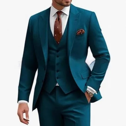 Men's three-piece slim fit suit in multiple colour options for business and wedding occasions