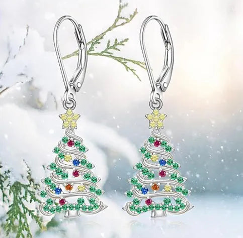 Women's copper Christmas tree earrings with star shape and white gold colour finish