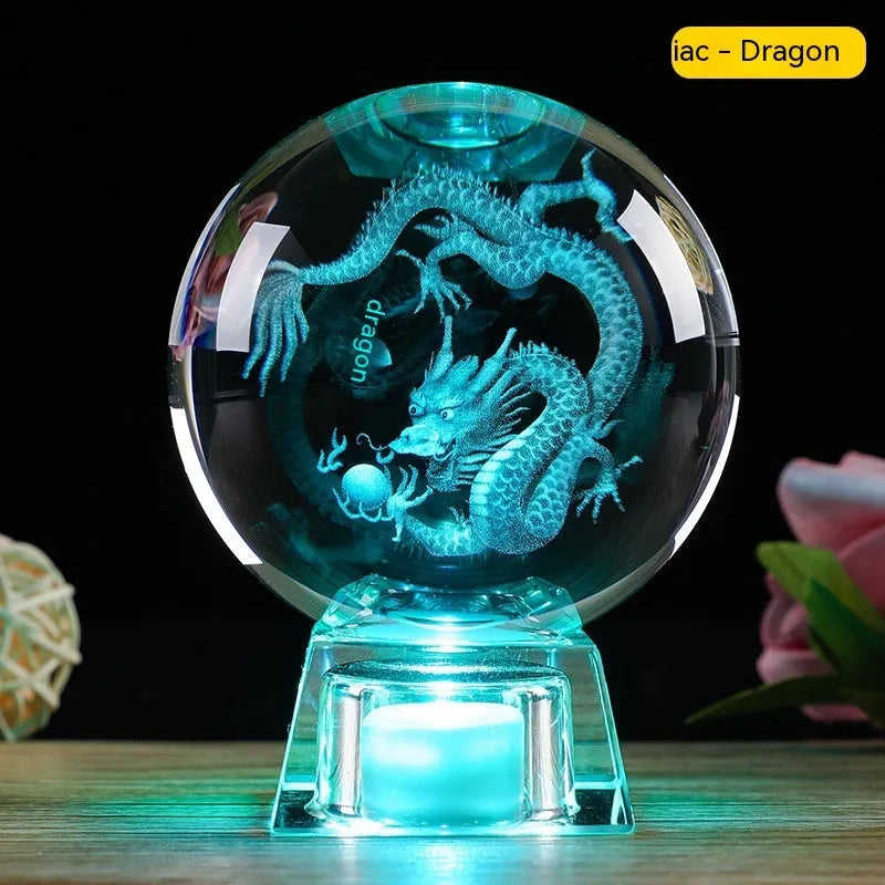 White crystal ball zodiac lamp with Chinese style design and electronic base showing zodiac symbol