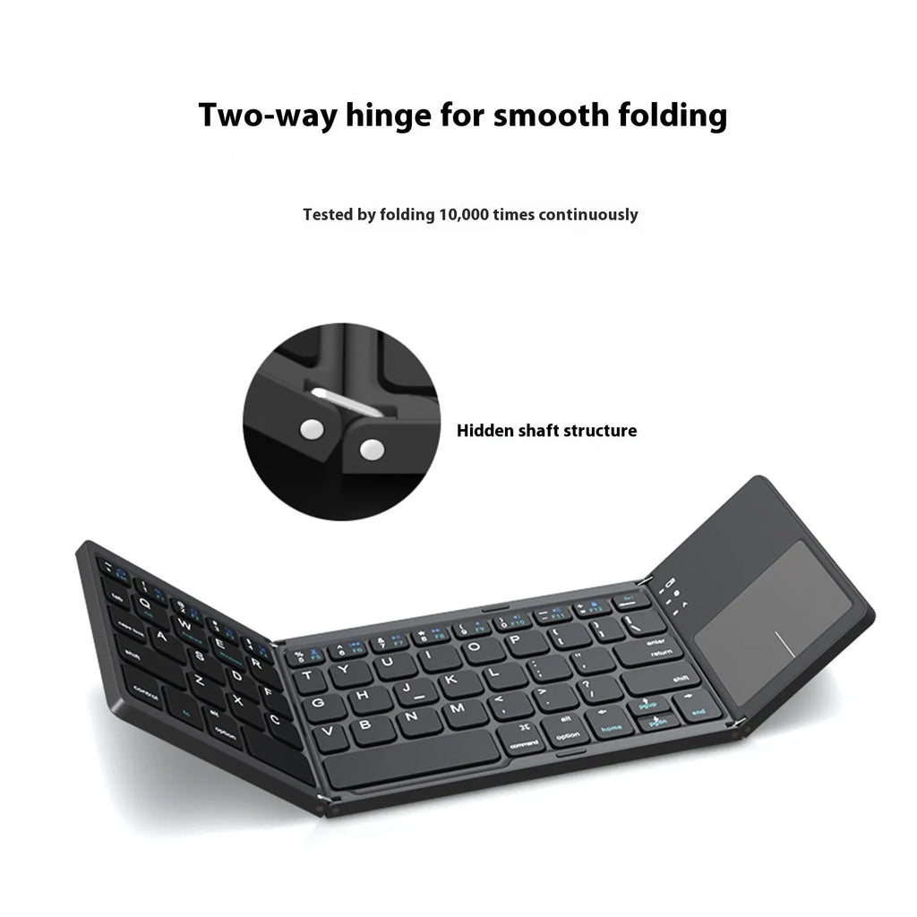 Portable tri-fold Bluetooth keyboard in black or silver with compact folded design