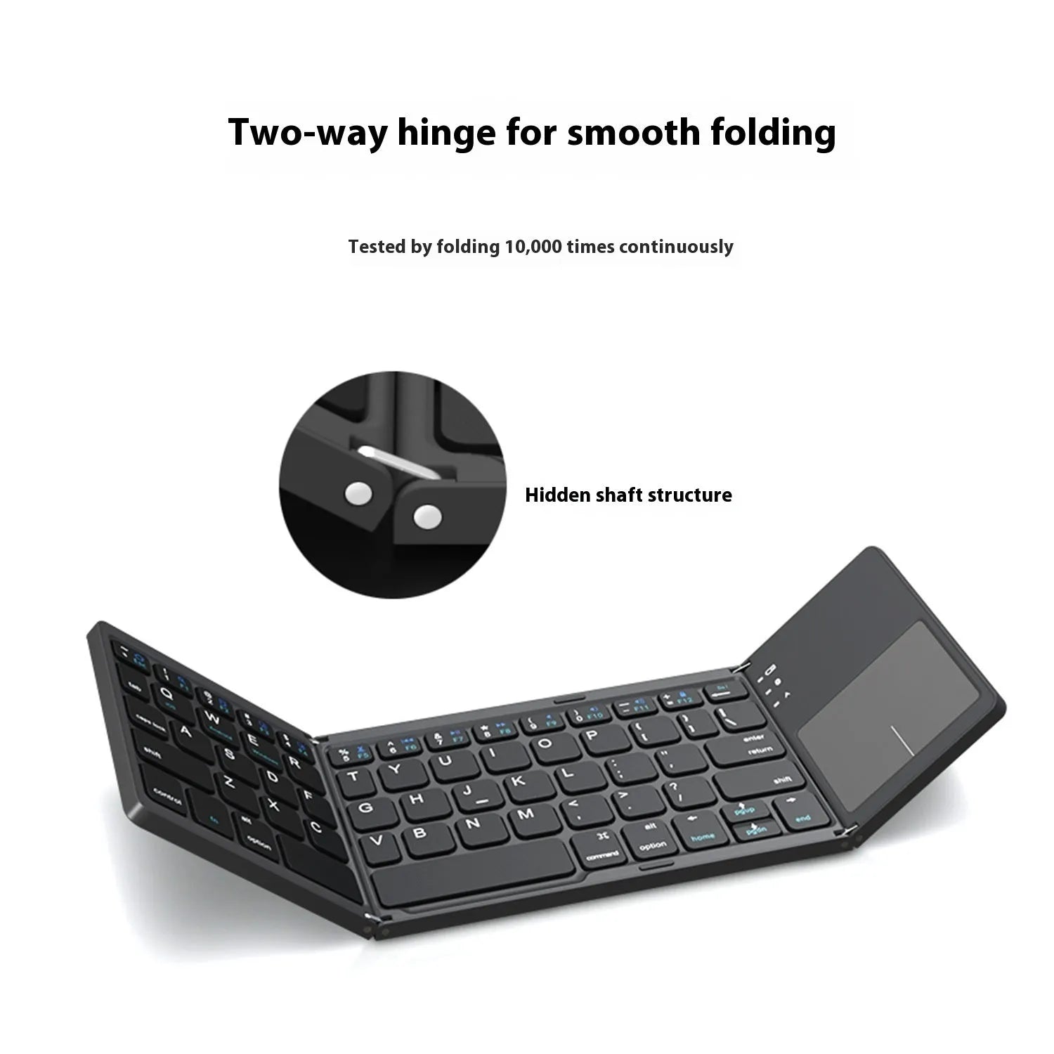 Portable tri-fold Bluetooth keyboard in black or silver with compact folded design
