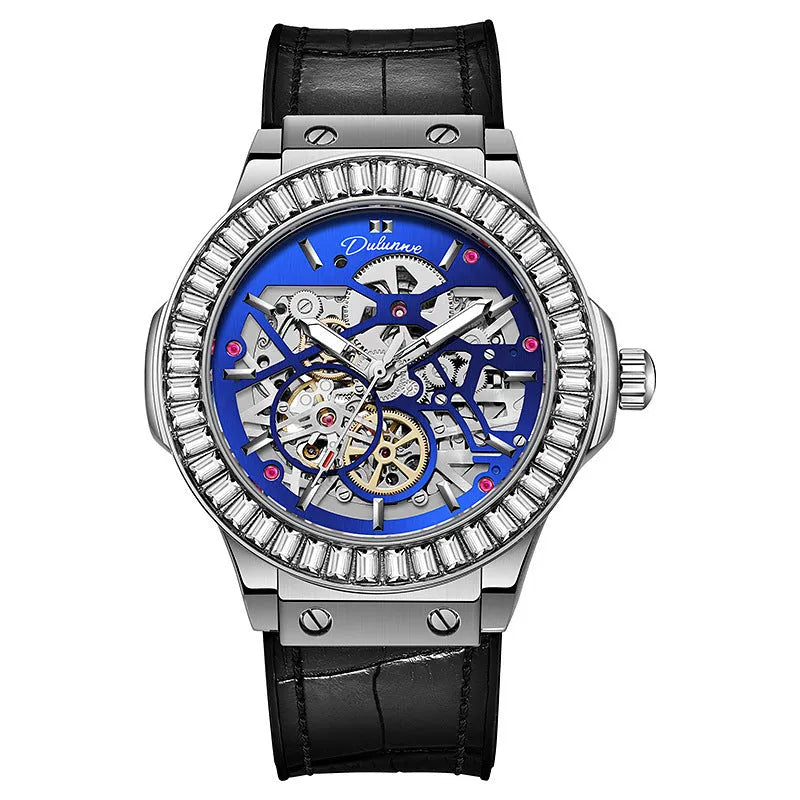Men's mechanical watch with hollow movement, diamond studs, and white shell dial in 16mm thickness