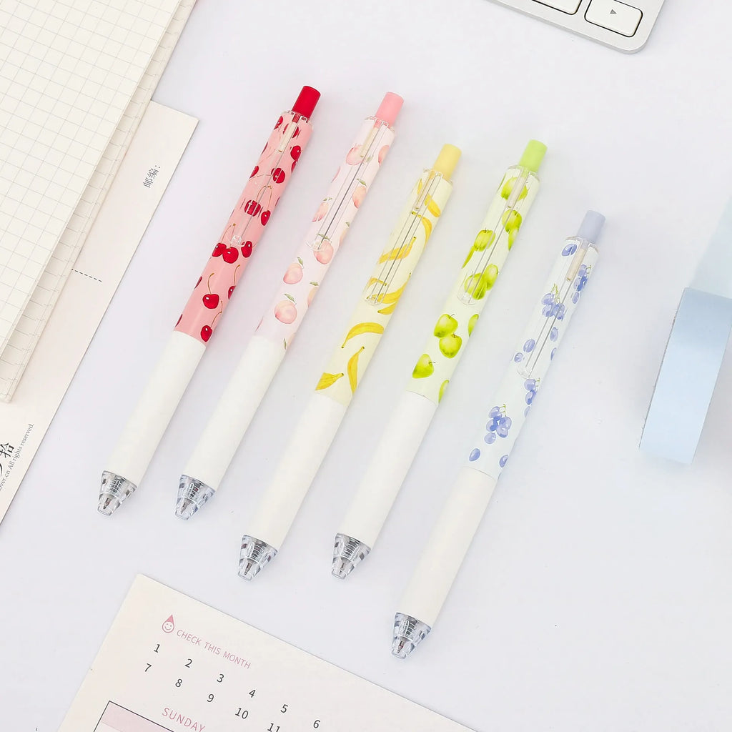 Three fruit scented press-action pens with 0.5mm tips and black ink refills