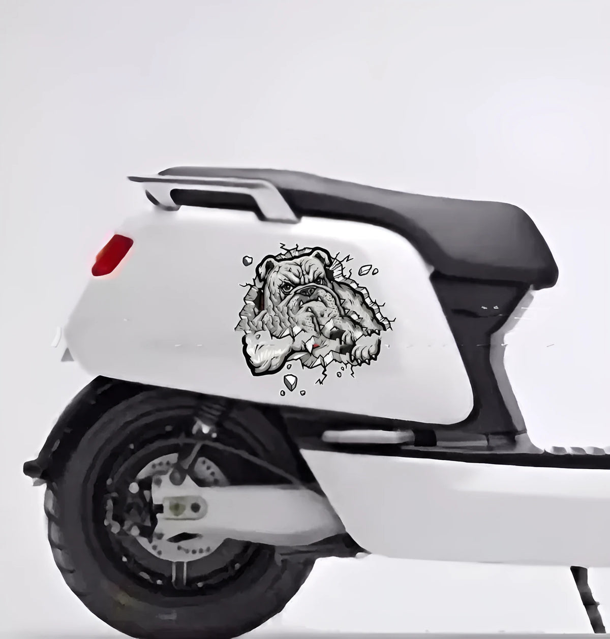 Square grey dog pattern paper sticker for motorcycle customisation, 17cm x 17cm.