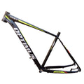 Black green aluminium mountain bike frame showing disc brake mount and internal cable routing ports