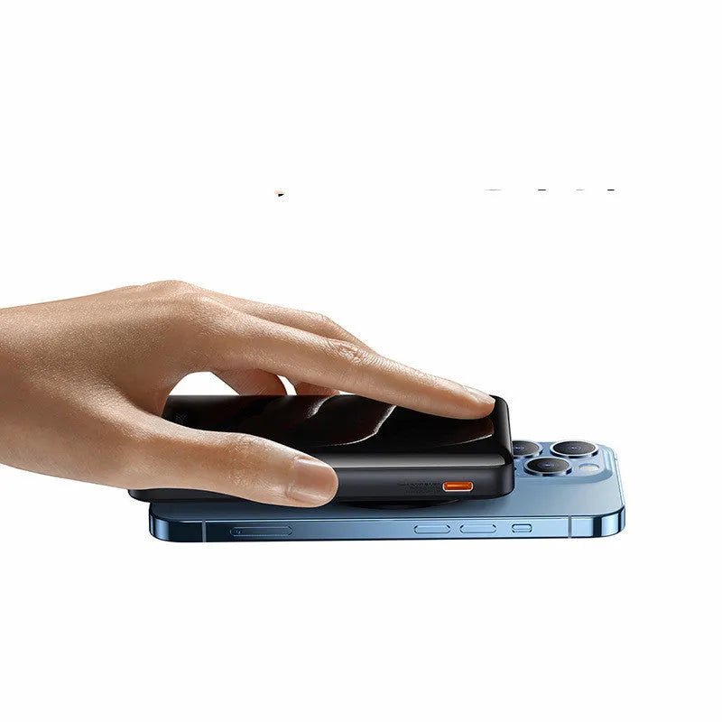 Slim blue magnetic power bank showing dimensions 117.3x69.7x20.3mm with charging cable