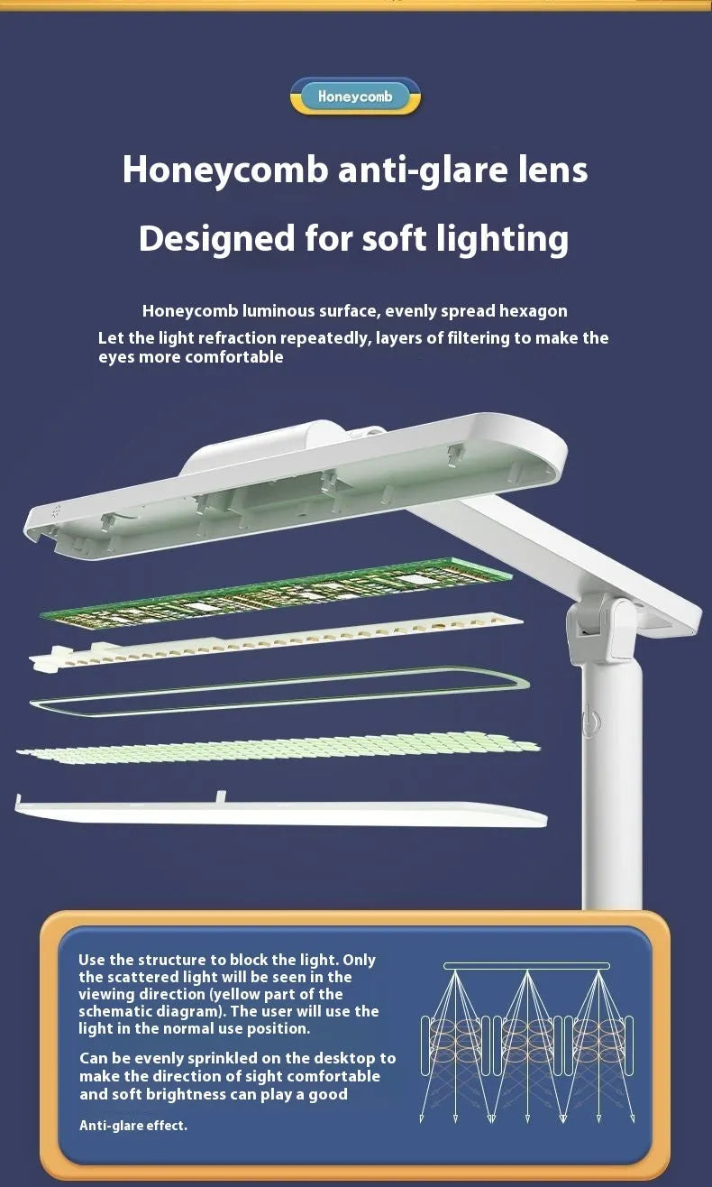 Adjustable LED table lamp with bookshelf design showing three colour temperature settings and charging cable
