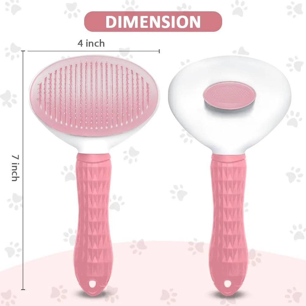 Cat grooming brush with release button in blue, grey, or pink, showing fine wire bristles