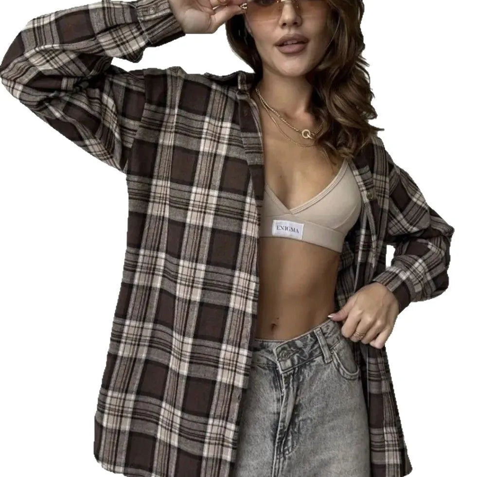 Women's dark brown retro striped long sleeve cotton shirt with regular fit and art style details