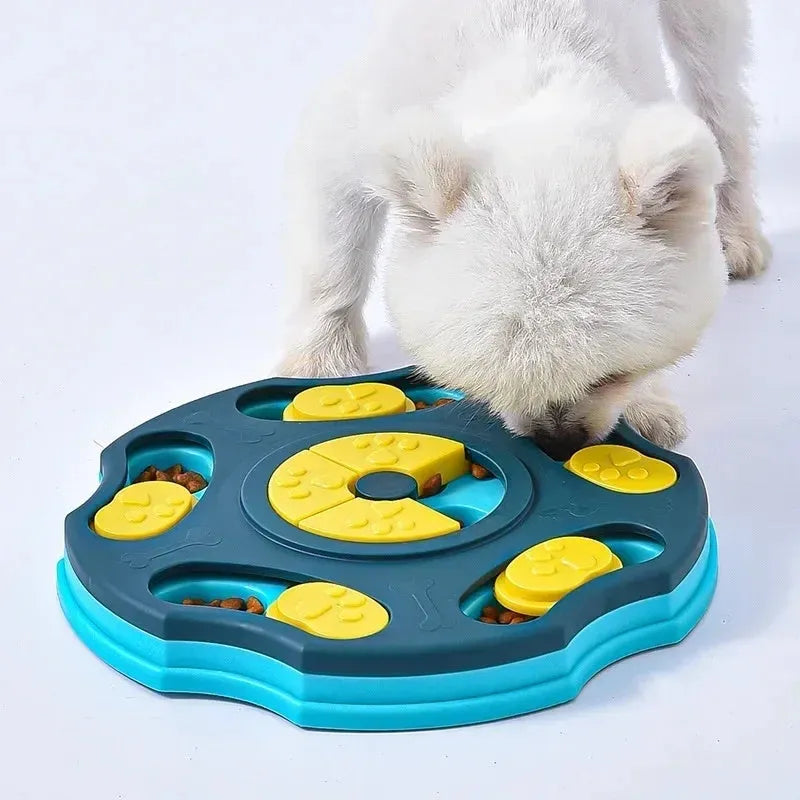 Blue dog puzzle feeder bowl with removable difficulty components for interactive slow feeding