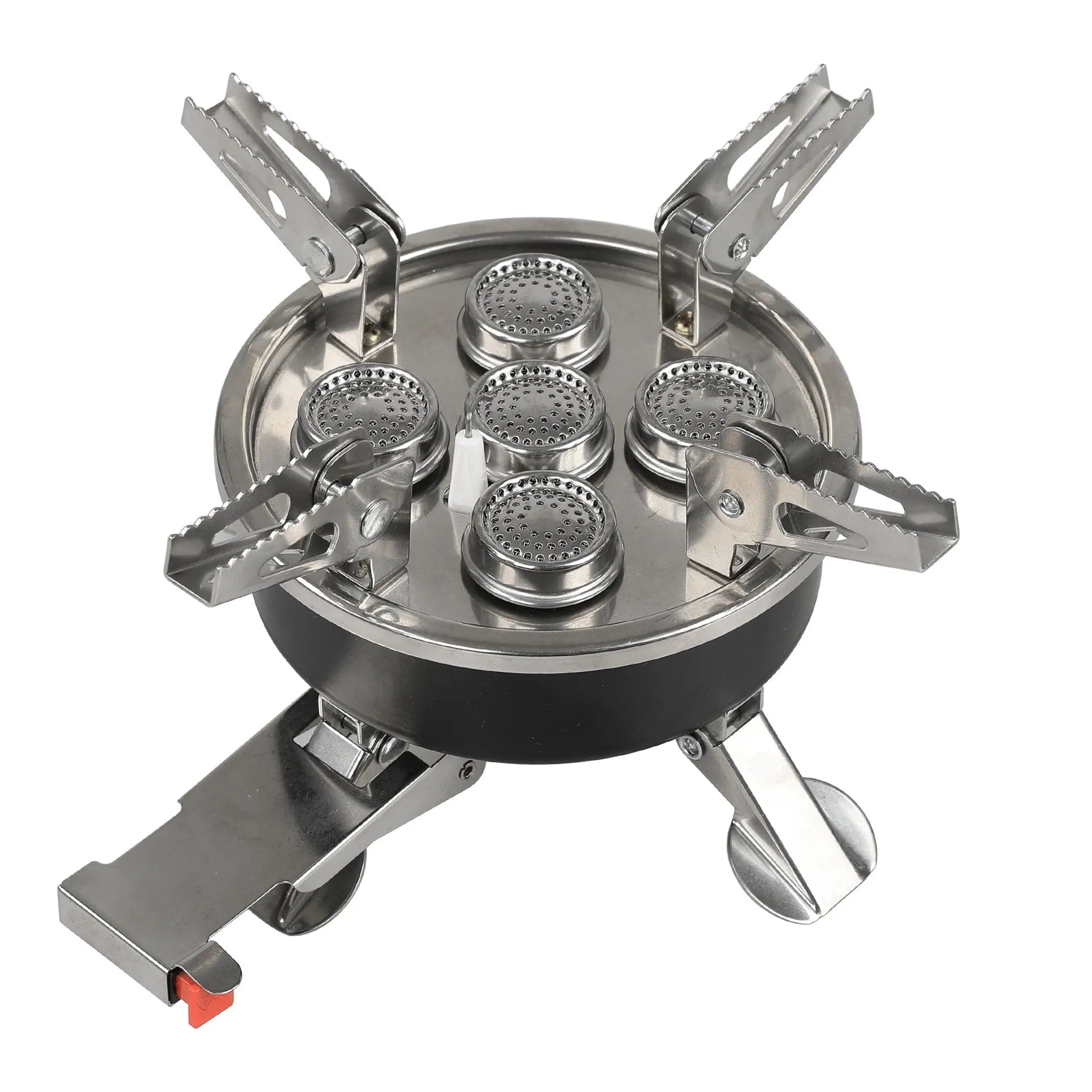 Silver stainless steel split camping stove with 100cm hose, folded dimensions 155x125mm